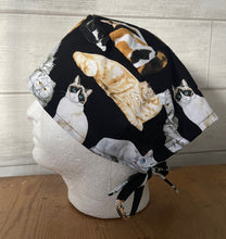 Load image into Gallery viewer, Feline Cat Breeds on Black Fabric Veterinary Unisex Medical Surgical Scrub Caps Men & Women Tie Back and Bouffant Hat Styles