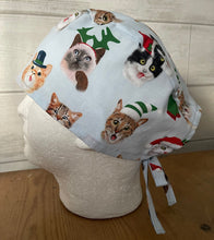 Load image into Gallery viewer, Christmas Santa Kitty Cat Faces Blue Fabric Unisex Medical Surgical Scrub Caps Men & Women Tie Back and Bouffant Hat Styles