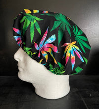 Load image into Gallery viewer, Psychedelic Rainbow Cannabis Marijuana Black Fabric Unisex Medical Surgical Scrub Caps Men & Women Tie Back and Bouffant Hat Styles