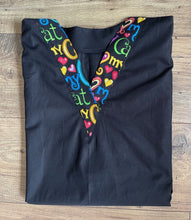 Load image into Gallery viewer, Solid Black Scrub Top with I Love My Cat Fabric on *Neck Band & Pocket Options* Medical Scrub Top Unisex Style Shirt for Men & Women