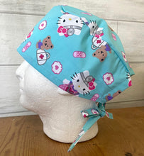 Load image into Gallery viewer, White Kitty Medical Themed Aqua Fabric Unisex Medical Surgical Scrub Caps Men & Women Tie Back and Bouffant Hat Styles