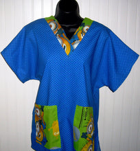 Load image into Gallery viewer, Size Medium Blue bubbles top with Minions Green Pockets and Collar band Unisex Style Shirt for Men & Women *IN STOCK *READY TO SHIP