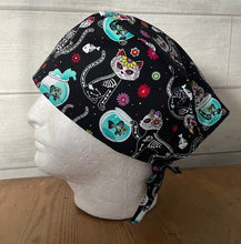 Load image into Gallery viewer, Day of the Dead Cats Candy Skull Skeletons Black Fabric Unisex Medical Surgical Scrub Caps Men & Women Tie Back and Bouffant Hat Styles