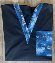 Load image into Gallery viewer, Solid Black Scrub Top with Cowboys Football Blue Fabric on *Neck Band & Pocket Options* Medical Scrub Top Unisex Men & Women