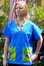 Load image into Gallery viewer, Size Medium Blue bubbles top with Minions Green Pockets and Collar band Unisex Style Shirt for Men & Women *IN STOCK *READY TO SHIP