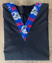 Load image into Gallery viewer, Solid Black Scrub Top with Buffalo Bills Football Fabric on *Neck Band & Pocket Options* Medical Scrub Top Unisex Style Shirt for Men & Women