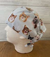 Load image into Gallery viewer, Cat Selfies on Blue Fabric Unisex Medical Surgical Scrub Caps Men & Women Tie Back and Bouffant Hat Styles