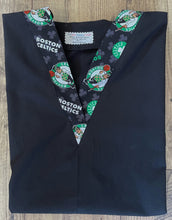 Load image into Gallery viewer, Solid Black Scrub Top with Boston Celtics Basketball Fabric on *Neck Band & Pocket Options* Medical Scrub Top Unisex Style Shirt for Men & Women