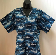 Load image into Gallery viewer, Football Cowboys Blue White Tie Dyed Fabric Medical Scrub Top Unisex Relaxed Fit Style Men's Scrub Top & Women's Scrub Top