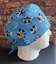 Load image into Gallery viewer, Nautical Mickey Mouse Pluto Anchor Porthole Blue Fabric Unisex Medical Surgical Scrub Caps Men & Women Tie Back and Bouffant Hat Styles