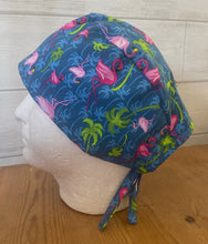 Load image into Gallery viewer, Pink Flamingo & Palm Trees Blue Fabric Medical Surgical Scrub Caps Men & Women Tie Back and Bouffant Hat Styles