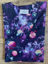 Load image into Gallery viewer, Outer Space Medical Scrub Top Galaxy Solar System Planets Moon & Stars Shimmer of Glitter Unisex Style for Men & Women