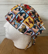 Load image into Gallery viewer, Wonder Woman Superhero FIGHT FOR JUSTICE Fabric Unisex Medical Surgical Scrub Caps Men & Women Tie Back and Bouffant Hat Styles
