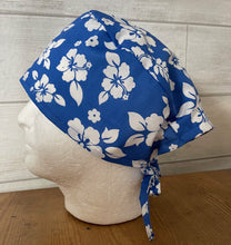Load image into Gallery viewer, Hawaiian Tropical Hibiscus Flower Blue White Fabric Unisex Medical Surgical Scrub Caps Men & Women Tie Back and Bouffant Hat Styles