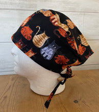 Load image into Gallery viewer, Colorful Kittens Cats in a Row on Black Fabric Veterinary Unisex Medical Surgical Scrub Caps Men & Women Tie Back and Bouffant Hat Styles