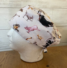 Load image into Gallery viewer, Farm Animals Yoga Poses Tan Fabric Unisex Medical Surgical Scrub Caps Men & Women Tie Back and Bouffant Hat Styles