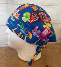 Load image into Gallery viewer, Hawaiian Tropical Tiki Cocktail Drinks on Blue Fabric Unisex Medical Surgical Scrub Caps Men & Women Tie Back and Bouffant Hat Styles