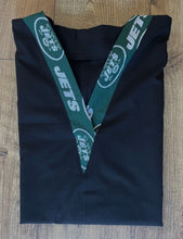 Load image into Gallery viewer, Solid Black Scrub Top with NY Jets Football Fabric on *Neck Band & Pocket Options* Medical Scrub Top Unisex Style Shirt for Men & Women
