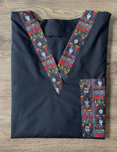 Load image into Gallery viewer, Solid Black Scrub Top with Music KISS Band Members on *Neck Band & Pocket Options* Medical Scrub Top Unisex Style Shirt for Men & Women