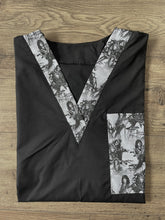 Load image into Gallery viewer, Solid Black Scrub Top with Music KISS on Stage on *Neck Band & Pocket Options* Medical Scrub Top Unisex Style Shirt for Men & Women