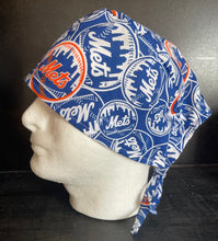Load image into Gallery viewer, NY METS Baseball Fabric Unisex Medical Surgical Scrub Caps Men & Women Tie Back and Bouffant Hat Styles