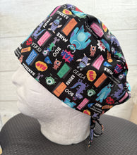 Load image into Gallery viewer, MONSTERS INC CHARACTERS Black Fabric Unisex Medical Surgical Scrub Caps Men & Women Tie Back Bouffant Hat Styles