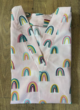 Load image into Gallery viewer, Rainbows on pink Boho Inspired Medical Scrub Top Unisex Style for Men & Women