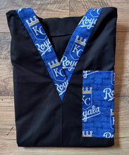 Load image into Gallery viewer, Solid Black Scrub Top with Kansas City Royals Baseball Fabric on *Neck Band & Pocket Options* Medical Scrub Top Unisex Style Shirt for Men & Women