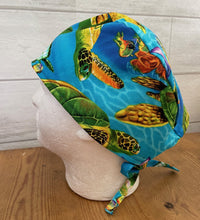 Load image into Gallery viewer, Sea Turtle & String Rays Medical Scrub Hats Unisex Men & Women Tie Back and Bouffant Hat Styles