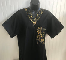 Load image into Gallery viewer, Solid Black Scrub Top with Star Trek U.S.S. Enterprise Fabric on *Neck Band & Pocket Options* Medical Scrub Top Unisex Style Shirt for Men & Women