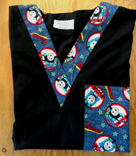 Load image into Gallery viewer, Solid Black Scrub Top with THOMAS THE TRAIN Fabric on *Neck Band & Pocket Options* Medical Scrub Top Unisex Style Shirt for Men & Women