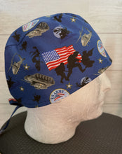 Load image into Gallery viewer, Patriotic Military US Army Blue Helicopter Tanks Navy Fabric Unisex Medical Surgical Scrub Caps Men & Women Tie Back and Bouffant Hat Styles
