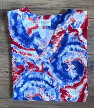 Load image into Gallery viewer, Tie Dye Red White & Blue Swirls Nurse Medical Scrub Top Unisex Style for Men & Women