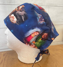 Load image into Gallery viewer, Christmas Nativity THE NEWBORN KING blue Fabric Unisex Medical Surgical Scrub Caps Men & Women Tie Back and Bouffant Hat Styles
