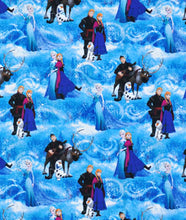 Load image into Gallery viewer, Frozen Sisters Elsa Anna Olaf Kristoff Characters Blue Fabric Unisex Medical Surgical Scrub Caps Men & Women Tie Back and Bouffant Hat Styles