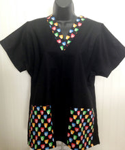 Load image into Gallery viewer, Solid Black Scrub Top with Beatles Music Fabric on *Neck Band & Pocket Options* Medical Scrub Top Unisex Style Shirt for Men & Women