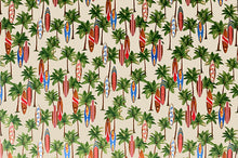 Load image into Gallery viewer, Hawaiian Tropical Palm Trees & Surfboards on Tan Fabric Nurse Medical Scrub Top Unisex Style for Men & Women
