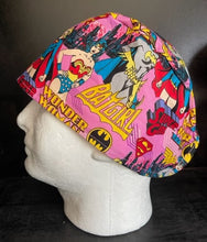 Load image into Gallery viewer, Super hero Girl Power Wonder Woman Bat Woman Super Girl Pink Red Fabric Unisex Medical Surgical Scrub Caps Men & Women Tie Back and Bouffant Hat Styles