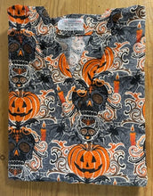Load image into Gallery viewer, Halloween Medical Scrub Top Sugar Candy Day of the Dead Pumpkins Unisex Style for Men & Women