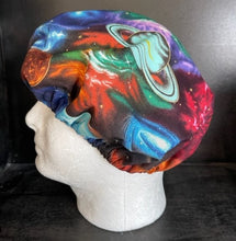 Load image into Gallery viewer, Outer Space Galaxy Solar System Planets & Stars Blue Fabric Unisex Medical Surgical Scrub Caps Men & Women Tie Back and Bouffant Hat Styles