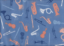 Load image into Gallery viewer, Musical Instruments on Blue Fabric Unisex Medical Surgical Scrub Caps Men & Women Tie Back and Bouffant Hat Styles