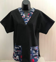 Load image into Gallery viewer, Solid Black Scrub Top with New England Patriots Retro Football Fabric on *Neck Band & Pocket Options* Medical Scrub Top Unisex Style Shirt for Men & Women