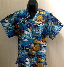 Load image into Gallery viewer, Nautical Medical Scrub Top Ocean Paradise Killer Whales, Sea Horses, Dolphins & Tropical Fish Unisex Style for Men & Women