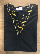 Load image into Gallery viewer, Solid Black Scrub Top with Batman Shield Black Fabric on *Neck Band & Pocket Options* Medical Scrub Top Unisex Style Shirt for Men & Women