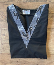 Load image into Gallery viewer, Solid Black Scrub Top with Music Elvis Presley *Neck Band & Pocket Options* Medical Scrub Top Unisex Style Shirt for Men & Women