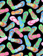 Load image into Gallery viewer, Colorful Summer Flip Flop Sandals on Black Fabric Nurse Medical Scrub Top Unisex Style Shirt for Men & Women