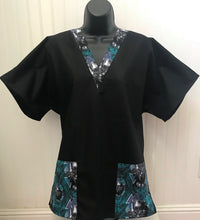 Load image into Gallery viewer, Solid Black Scrub Top with Black Panther Fabric on *Neck Band & Pocket Options* Medical Scrub Top Unisex Style Shirt for Men & Women
