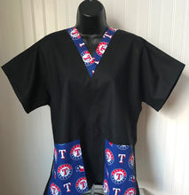 Load image into Gallery viewer, Solid Black Scrub Top with Texas Rangers Baseball Fabric on *Neck Band & Pocket Options* Medical Scrub Top Unisex Style Shirt for Men & Women