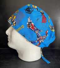 Load image into Gallery viewer, Transformers Auto bots Be A Hero Blue Fabric Unisex Medical Surgical Scrub Caps Men & Women Tie Back and Bouffant Hat Styles