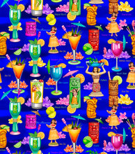 Load image into Gallery viewer, Hawaiian Tropical Tiki Cocktail Drinks on Blue Fabric Unisex Medical Surgical Scrub Caps Men & Women Tie Back and Bouffant Hat Styles